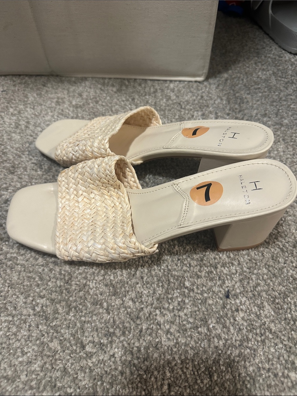 Halston Heritage Cream Woven Block Heel Mules